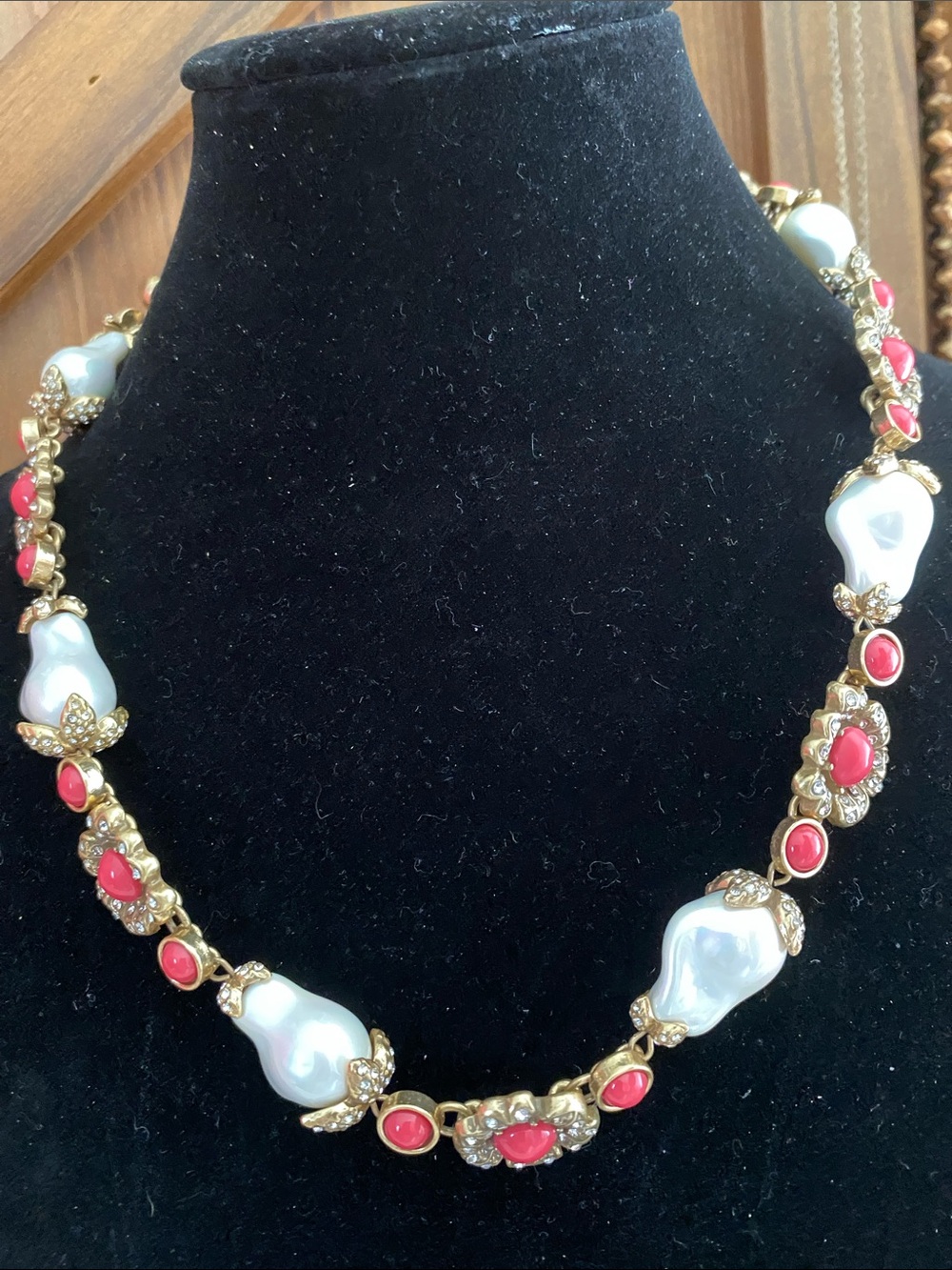 Gold-Tone Necklace with White Baroque Pearls & Coral Pink Stones